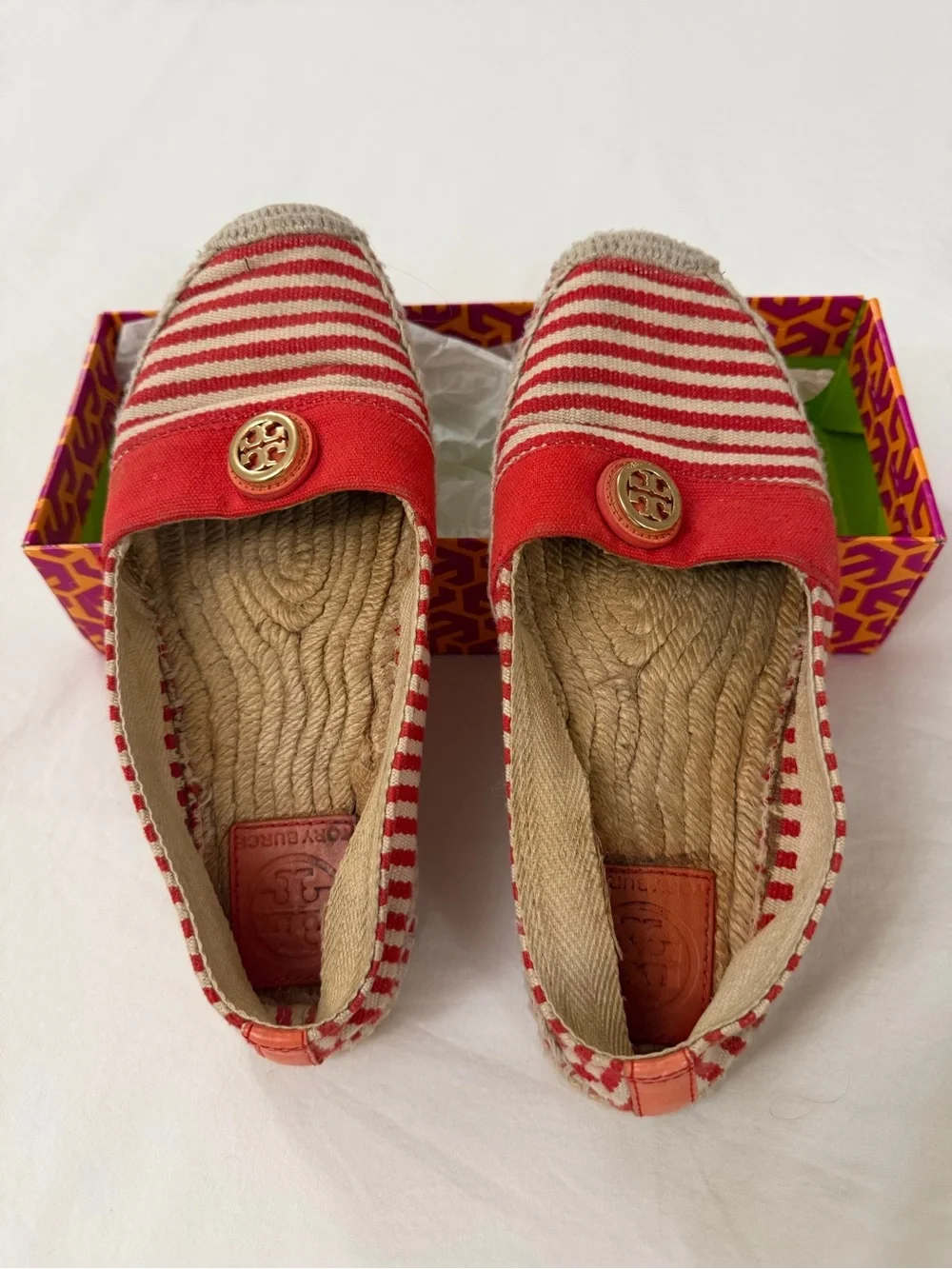 Tory Burch Red and Cream Striped Espadrille Slip-Ons